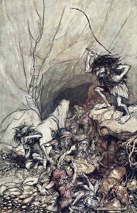 The dwarf Alberich (with whip) drives on the Nibelung dwarfs, who collect gold and other treasures, by Arthur Rackham, (1910) (Public Domain)