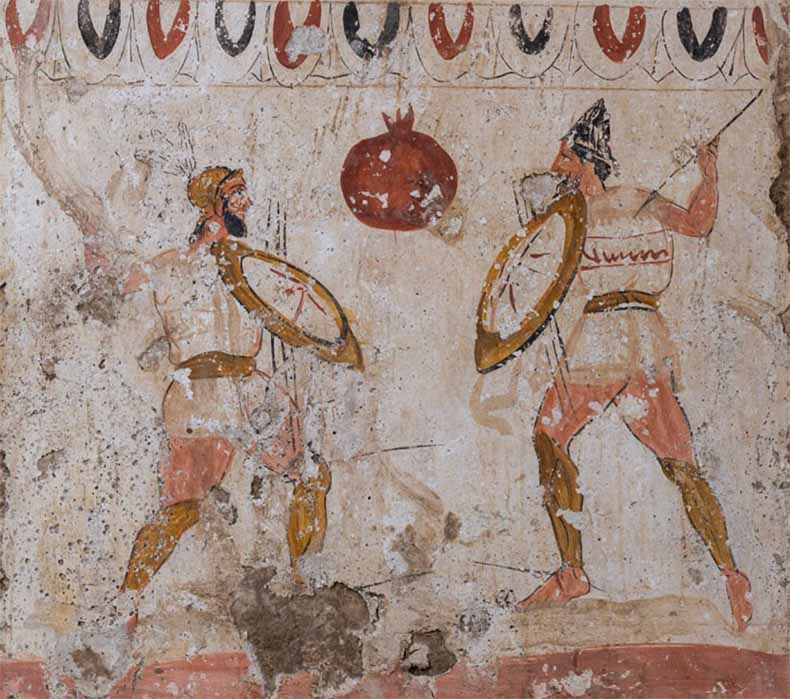 Divides among the Latins: Duel of Lucanian warriors, fresco from a tomb (fourth century BC) Paestum, National Archaeological Museum (ancientrome.ru/ CC BY-SA 4.0)