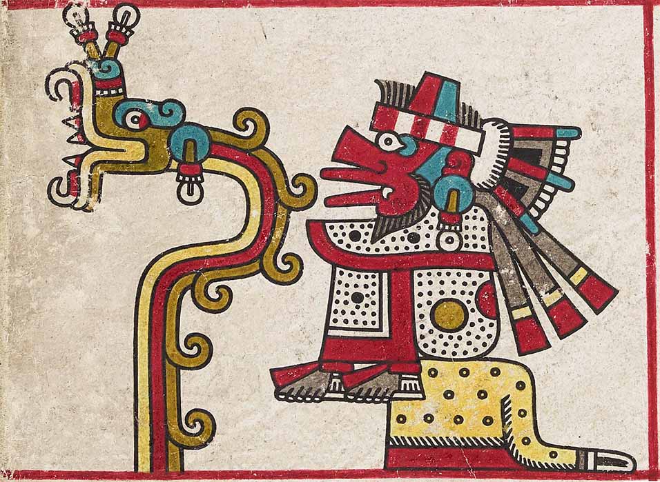 Two forms of the god Quetzalcoatl in Codex Laud, (15th century) as the feathered serpent, celestial deity (left) and as the god of the wind Ehecatl (right) (Public Domain)