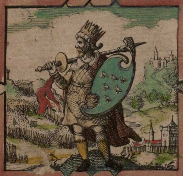 Depiction of Ælle holding a shield with a design representing Sussex, taken from John Speed's 1611 “Saxon Heptarchy.” (Public domain)