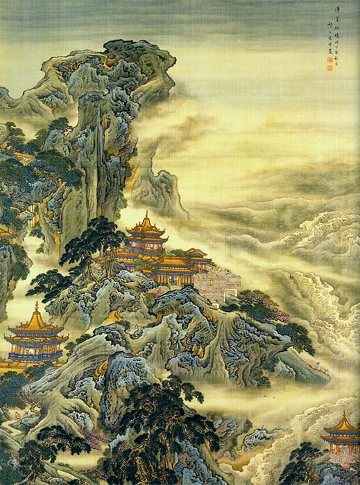 Penglai (detail), depiction of one of the mythical islands by Yuan Yao (18th century) (Public Domain)