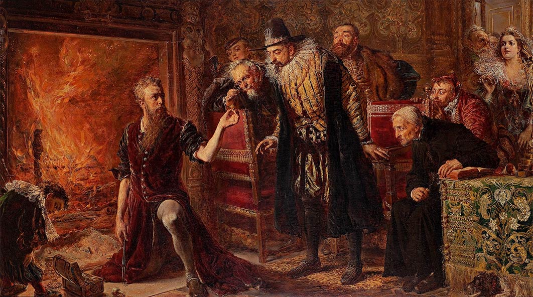Polish alchemist, philosopher, and medical doctor Sedziwój performing a transmutation for Sigismund III, by Jan Matejko (1867). Art Museum, Łódź,  (Public Domain)
