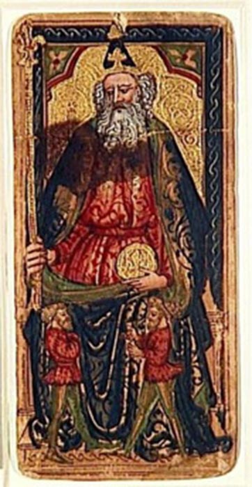 The Emperor, the only surviving trump from the Rothschild-Bassano deck. He carries a florin while holding a sceptre surmounted by the fleur-de-lis, both symbols of Florence. (Public Domain)