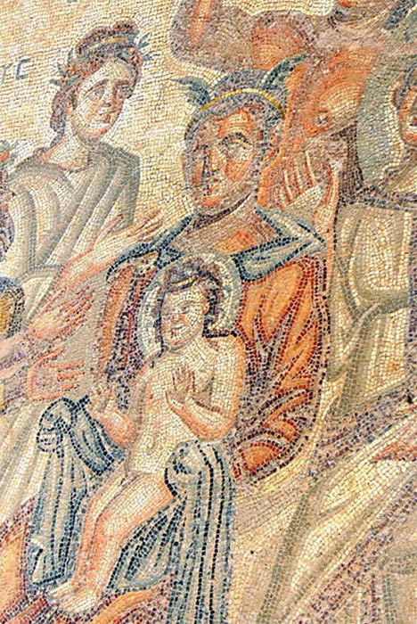 Birth of Dionysos - Young Dionysos sitting on the lap of Hermes. Paphos Archaeological Park. House of Aion ( Wolfgang Sauber/ CC BY-SA 3.0)