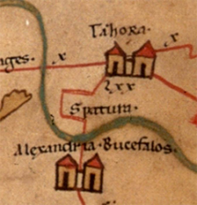 The settlement of Bucephalous in the fourth century, as shown on the Peutinger Table, with the possible burial spots of Bucephalas shown as red crosses. (Public Domain)