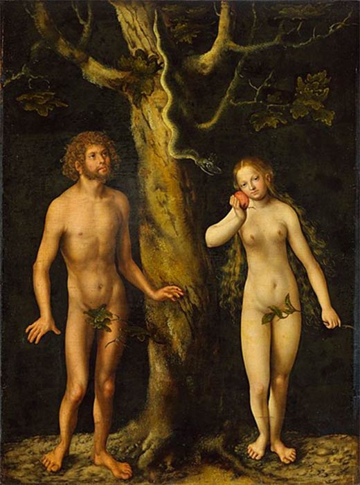 Adam, Eve, and the Serpent in the Garden of Eden by Lucas Cranach the Elder. (1510) National Museum Warsaw (Public Domain)