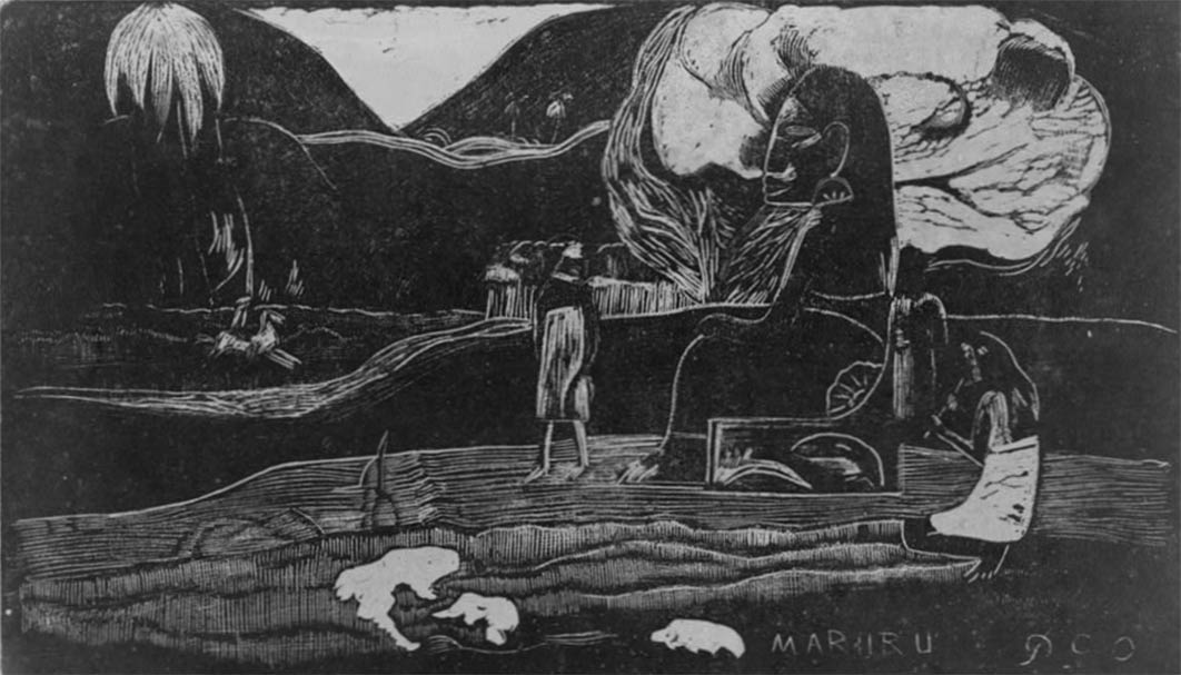 Mararu: Offerings of gratitude to the goddess Hina. Woodcut by Paul Gauguin (1894) (Public Domain)