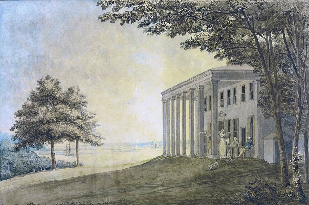 Mount Vernon with the Washington family on the terrace by Benjamin Henry Latrobe (1796) (Public Domain)