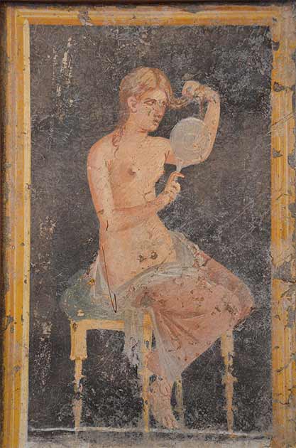 Roman fresco of a woman fixing her hair using a mirror, from Stabiae, Italy, (First century AD) (CC BY-SA 2.0)
