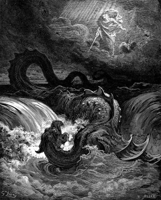 The Destruction of the Biblical Leviathan. This engraving by Gustave Doré, (1865) holds the mythological archetypes of both the 565 AD incident at Loch Ness and the 1530s sighting at Lake Tota in Colombia. (Public Domain)