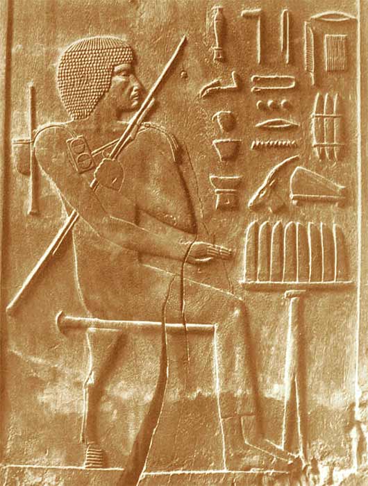 Relief of Hesy-Ra from his Mastaba. His most notable title was Wer-ibeḥsenjw, meaning either "Great one of the ivory cutters" or "Great one of the dentists", which would make him the earliest dentist whose name is known.  (Public Domain)