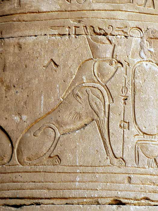 Her-em-akhet (Greek: Harmakhis), the wall relief of a hieracosphinx depicted at the Temple of Horus in Edfu (CC BY-SA 3.0)