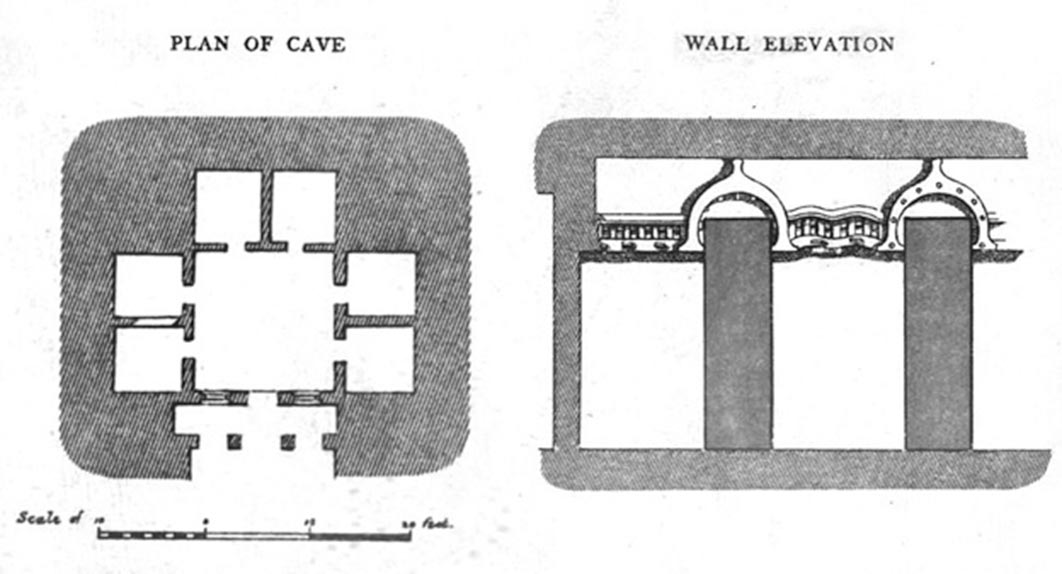 Plan and elevation of the Kanha Cave vihara in the Nasik Caves, first century BC, which is regarded as one of the earliest in India. (Public Domain)
