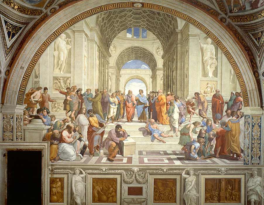 The School of Athens (1509–1511) by Raphael, depicting famous classical Greek philosophers in an idealized setting inspired by ancient Greek architecture. (Public Domain)