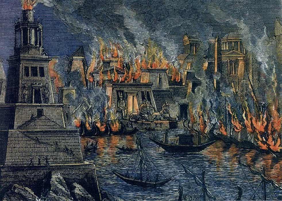 The fire of Alexandria, woodcuts by Hermann Göll (1876) (Public Domain).