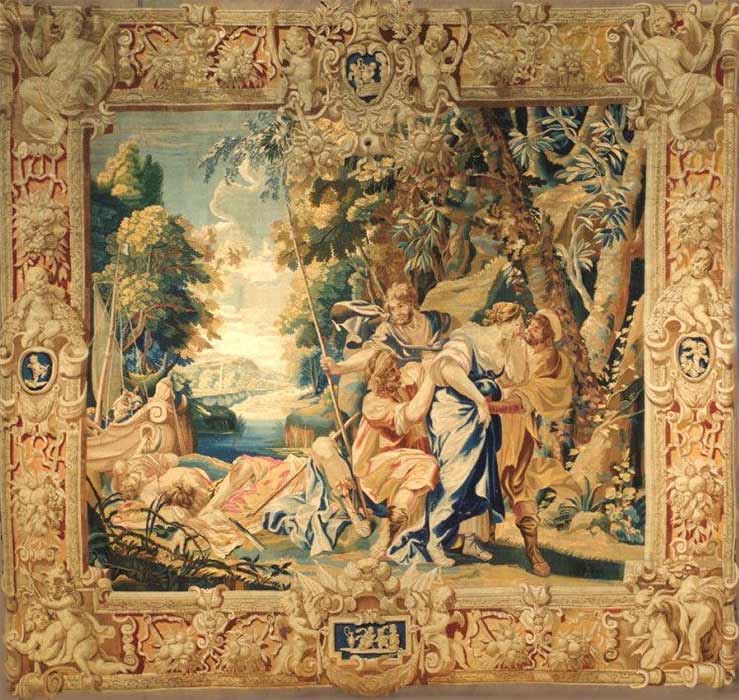 "Chariclea Led Away by Pirates" a tapestry from the Paris workshop of Raphael de la Planche based on design by Simon Vouet. (Public Domain)