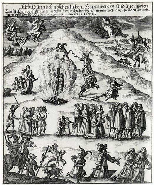 The famous German illustration of the “Mora witch trial,” of 1670 shows condemned people executed by burning at the stake. Drawn by an unknown contemporary artist. (Public Domain)