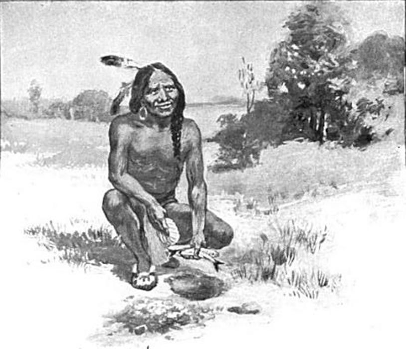Squanto teaching the Plymouth colonists to plant corn with fish. Illustration from the 1911 Bricker, Garland Armor book, The Teaching of Agriculture in the High School. New York: Macmillan. (Public Domain)