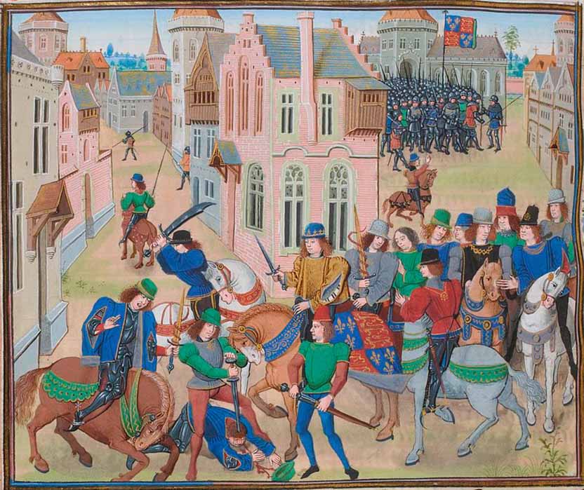 Richard II watches Wat Tyler's death and addresses the peasants in the background during the Peasants Revolt.  Gruthuse manuscript of Froissart's Chroniques (c. 1475) (Public Domain)