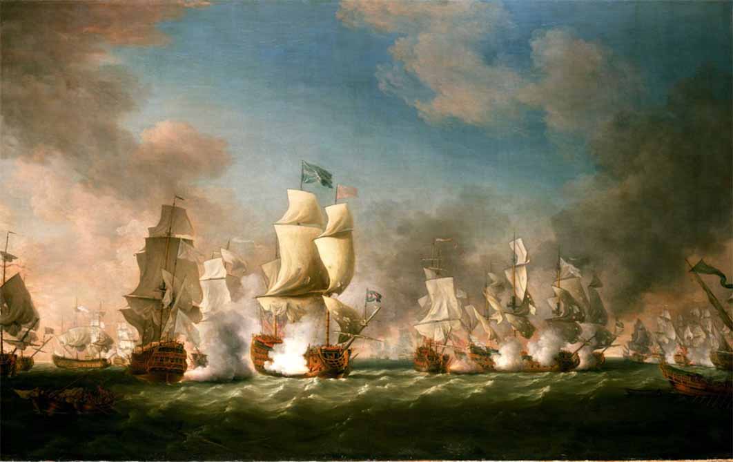 The Battle of Cape Passaro, (1718) showing broadside and rake fire naval tactics, by Richard Paton (Public Domain)