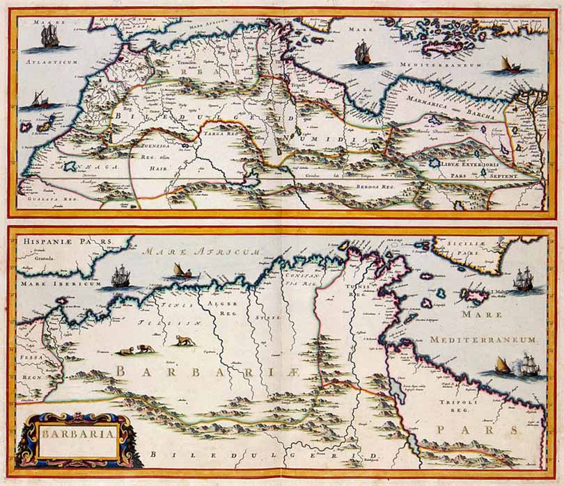 Barbaria, shows the coast of North Africa, an area known in the 17th century as Barbaria, by Jan Janssonius (c. 1650) (Public Domain)