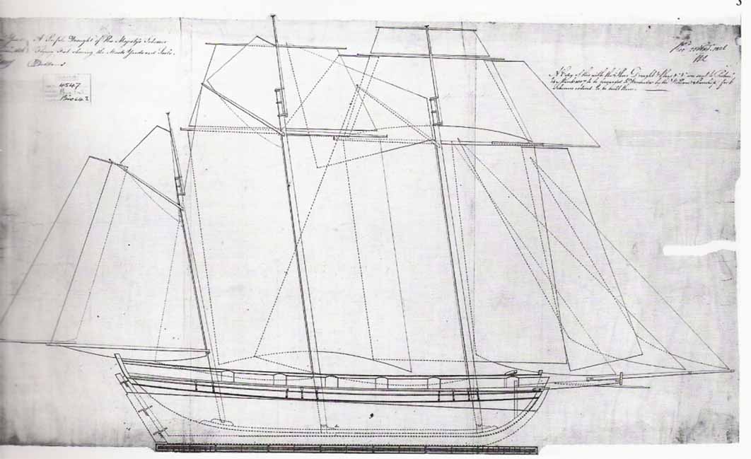 Drawing for the Flying Fish class, modelled on an American Baltimore clipper, sent to Bermudian builders by the British Admiralty (Public Domain)