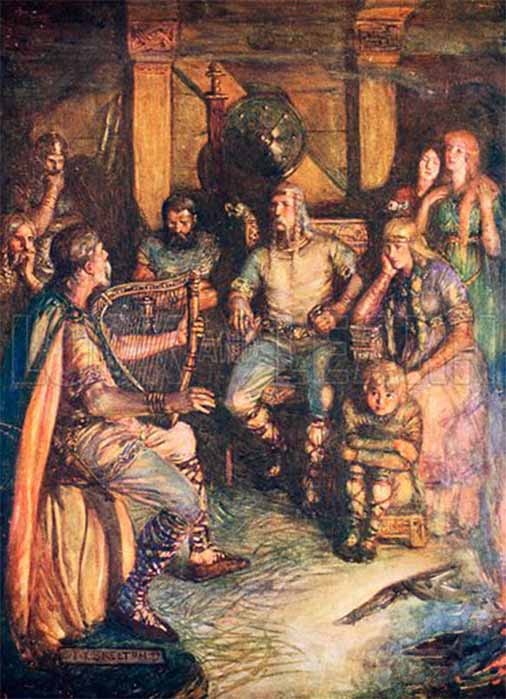 Bretwalda and his queen listening to a scop telling a tale in a Great Hall, by J. R. Skelton (c. 1910) (Public Domain)