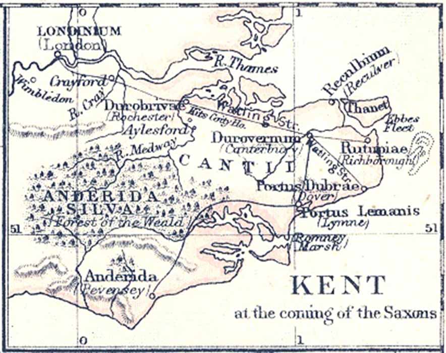 A general map showing late Roman Kent. The Wantsum Channel lay between the Isle of Thanet and the British mainland, in the north-eastern corner of Kent, by S. R. Gardiner (1892) (Public Domain)