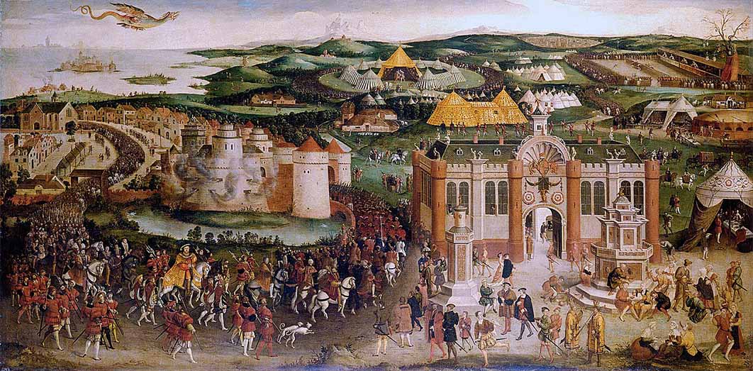 The Field of the Cloth of Gold (circa 1545) Royal Collection at Hampton Court. Henry VIII on horseback approaches at bottom left (Public Domain)