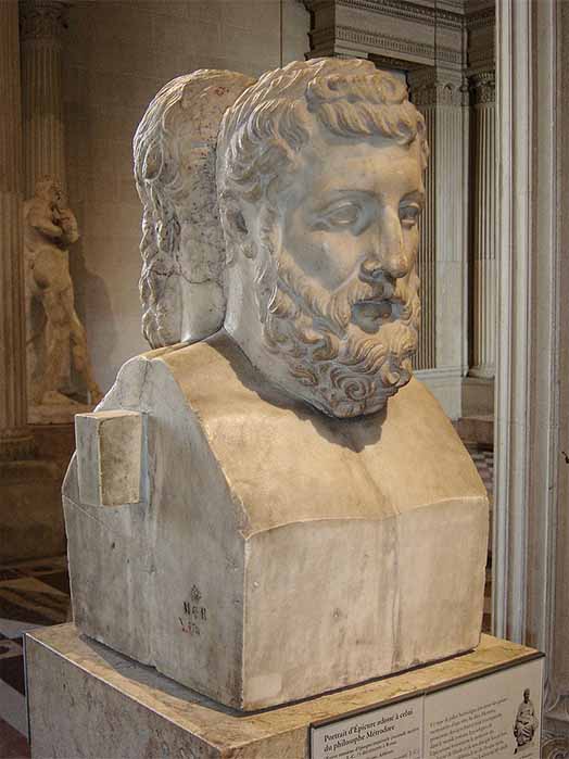 Hermes-type bust of Metrodorus of Lampsacus leaned with his back against Epicurus. (Second century) Rome. (CC BY-SA 2.5)
