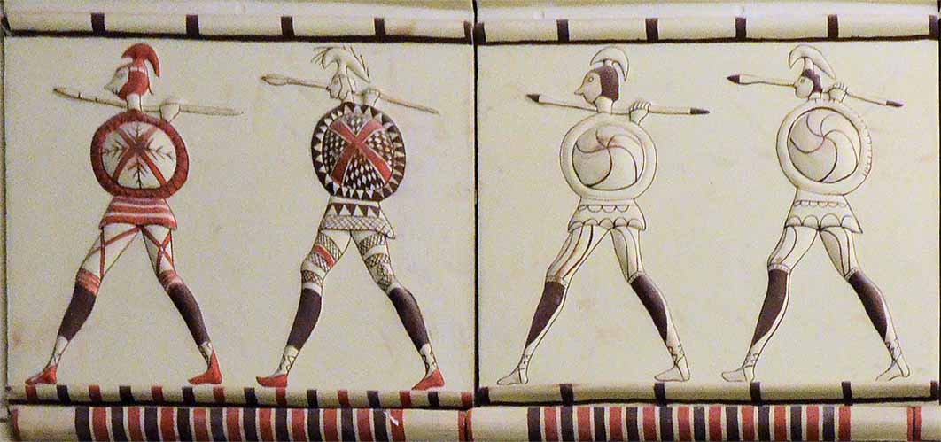 Phrygian soldiers. Detail from a reconstruction of a Phrygian building at Pazarlı, Çorum, Turkey, seventh–sixth centuries BC (CC BY-SA 2.0)