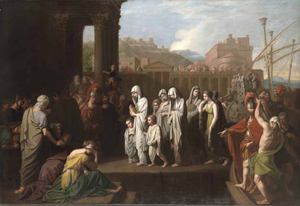 Agrippina, accompanied by the children, landing at Brundisium with the Ashes of Germanicus, by Benjamin West (1768) (Public Domain)