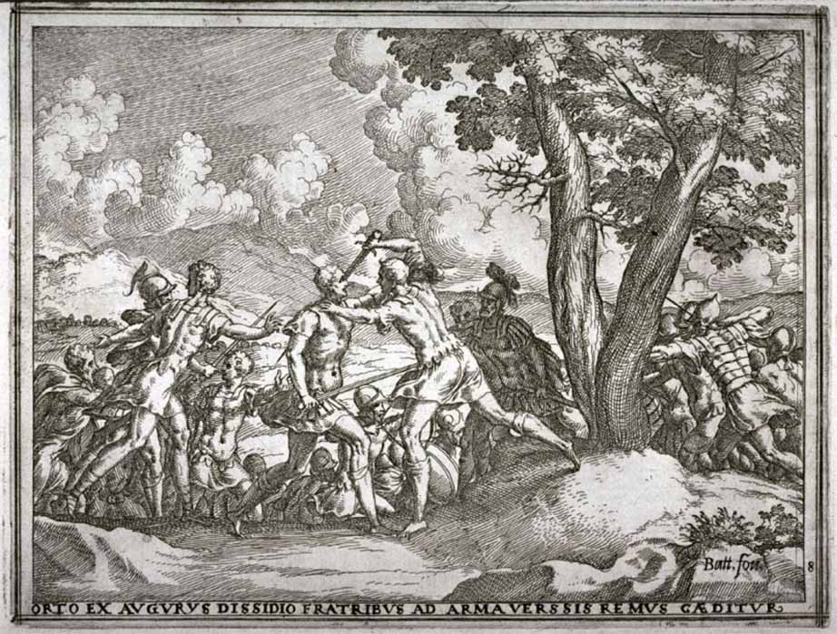 Augurs, Resort to Arms and Remus is Killed, by Giovanni Battista Fontana (1575) (Public Domain)