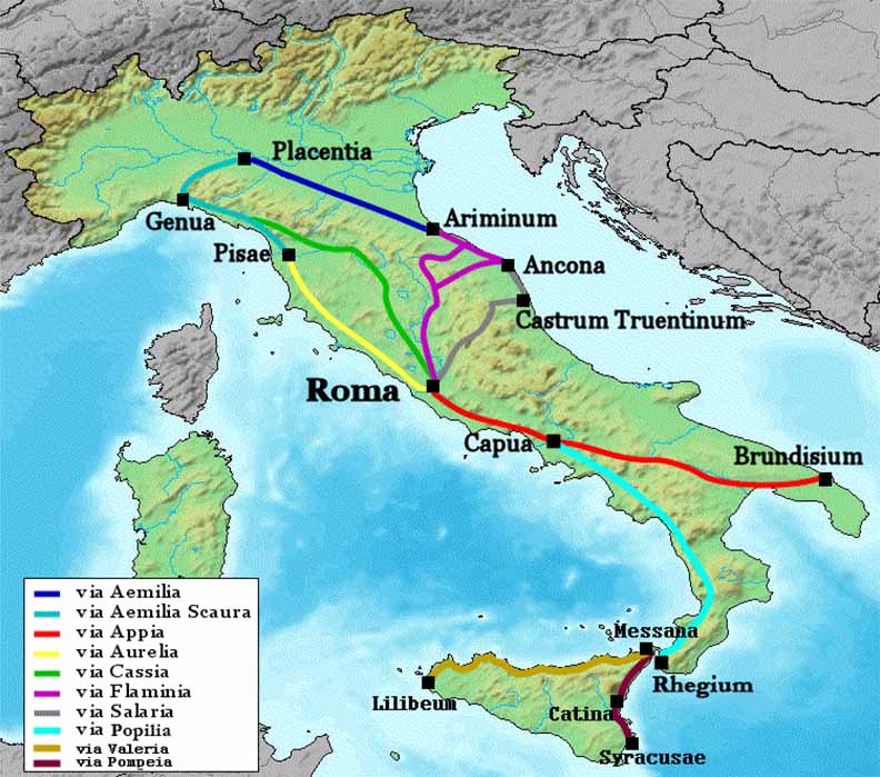 The Flaminian Way, here in purple, divided into two branches next to modern Terni; Aemilian, who was descending from north upon Rome, defeated Trebonianus Gallus on the eastern branch (NielsF /CC BY-SA 3.0)