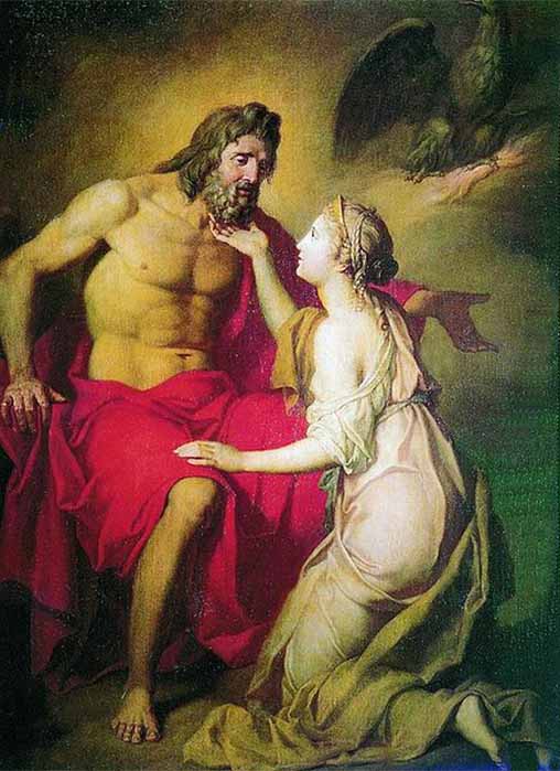 Thetis beseeching Zeus to intervene on the Trojan War, by Anton Losenko (18th century) (Public Domain)