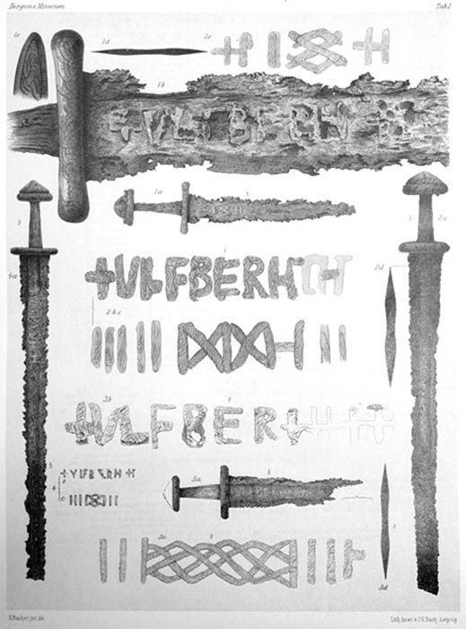 +VLFBERH+T inscription on the blades of four Ulfberht swords found in Norway. Drawings from Lorange. (1889) (Public Domain)