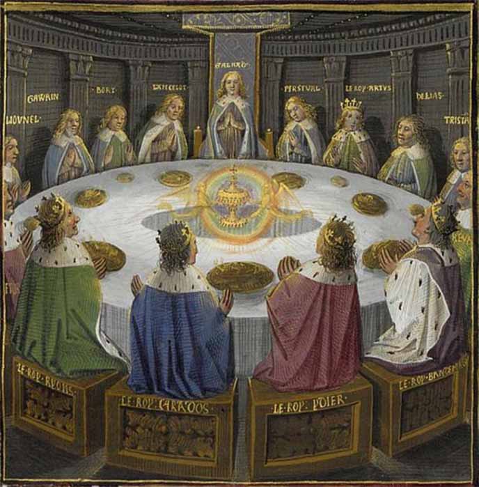 King Arthur's knights, gathered at the Round Table to celebrate the Pentecost, see a vision of the Holy Grail. (Public Domain)