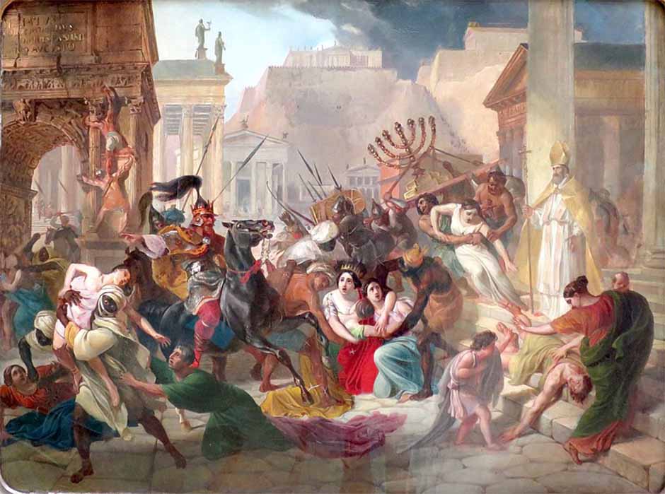 Genseric sacking Rome in 455, taking Licinia Eudoxia and her two daughters, among which also Olybrius' wife Placidia, by Karl Briullov (Public Domain)