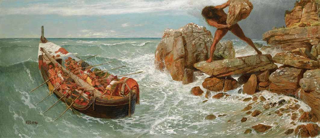 Polyphemus throwing rocks at Odysseus and his crew, by Arnold Böcklin (1896) Museum of Fine Arts, Boston (Public Domain)