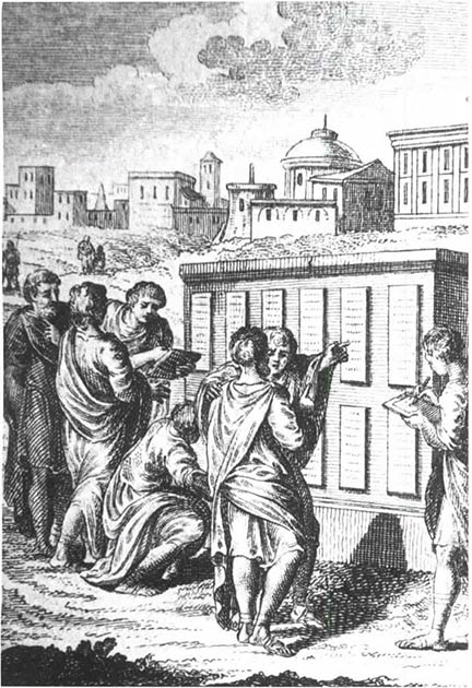 Roman civilians examining the Twelve Tables after they were first implemented. (Public Domain)