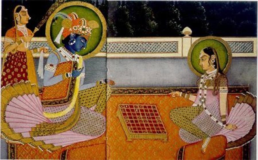 Krishna and Radha playing chaturanga (Public Domain)