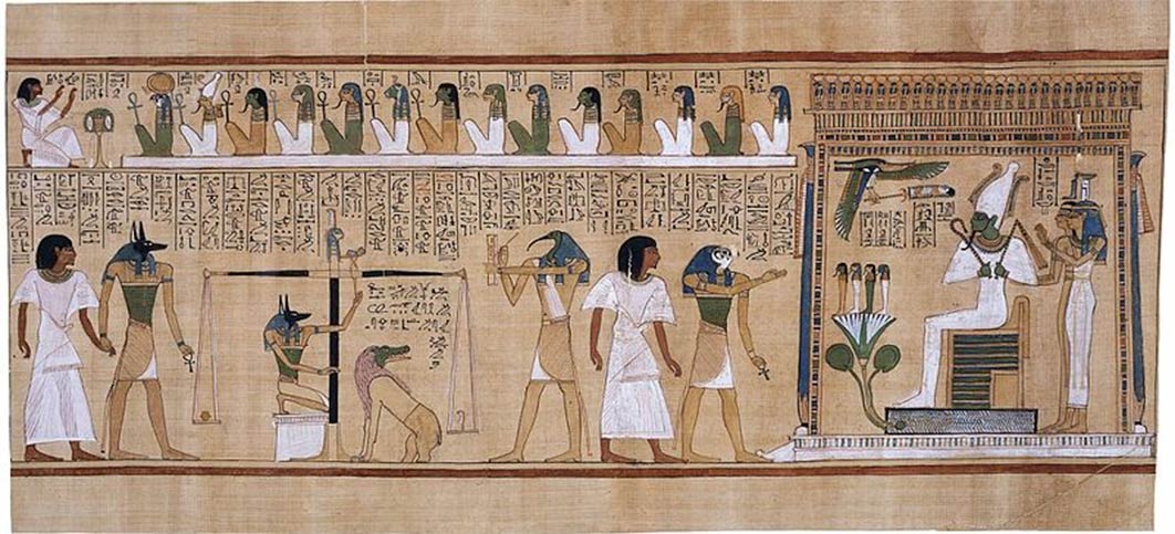 The Egyptian Book of the Dead illustrates the Weighing of the Heart in the “Duat,” on a feather balanced scale, with Anubis and Ammit waiting to devour unclean hearts, and Osiris located at the gateway to the paradise of Aaru. (British Museum) (Public Domain)