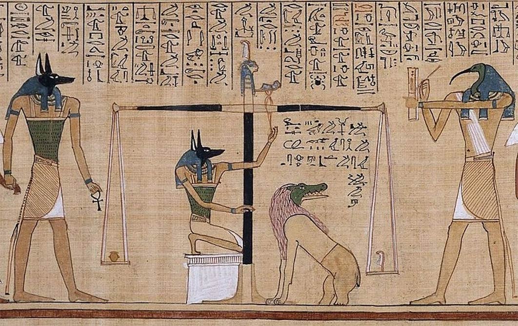 This detail from the Papyrus of Hunefer (c. 1275 BC), shows the scribe Hunefer's heart being weighed on the scale of Maat against the feather of truth, by the jackal-headed Anubis, from the Egyptian Book of the Dead. (Public Domain)
