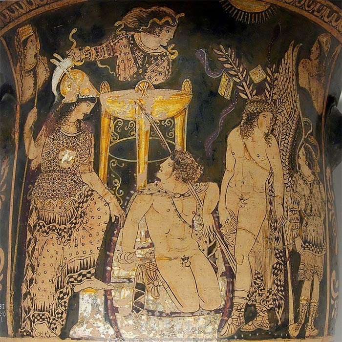 Orestes at Delphi with Pythia at her Tripod. Paestan red-figured bell-krater. (ca. 330 BC). (Public Domain)