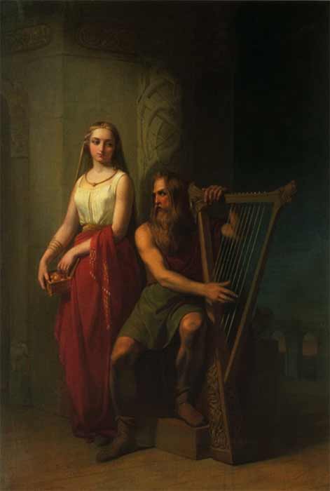 The god of poetry, Bragi, with his harp accompanied by his wife Iðunn by Nils Blommér (19th century) (Public Domain).