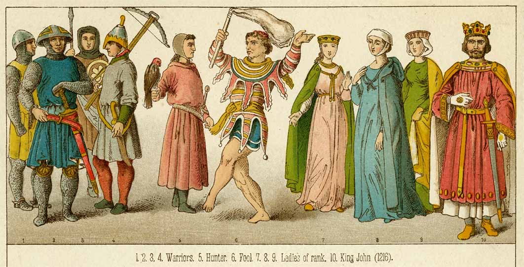 Medieval King John, his warriors, a hunter, ladies and the jester. (1216) (Archivist /Adobe Stock)