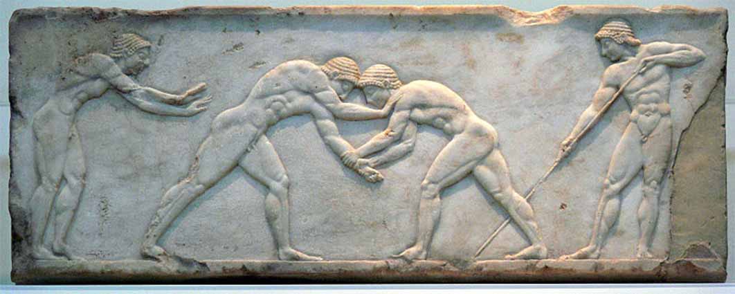 Kouros base with wrestlers. National Archaeological Museum of Athens (CC BY-SA 2.0)