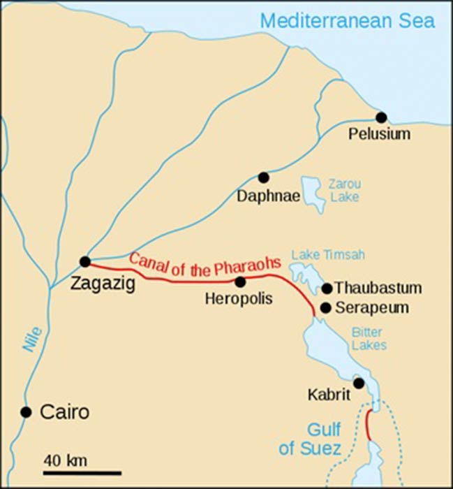 Canal of the Pharaohs, precursor of the modern Suez Canal, started under Pharaoh Sesostris' I reign, c. 1960 BC but not completed until at least Darius I. (CC BY-SA 2.5)