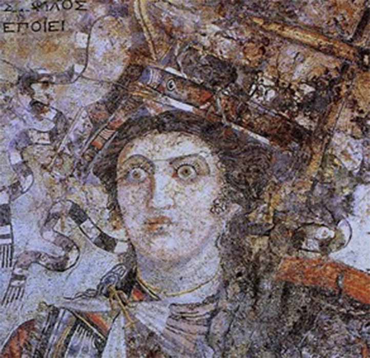 A mosaic from Thmuis (Mendes), Egypt, created by the Hellenistic artist Sophilos (signature) in about 200 BC, now in the Graeco-Roman Museum in Alexandria, Egypt; the woman depicted is Queen Berenice II (who ruled jointly with her husband Ptolemy III Euergetes) (Public Domain)