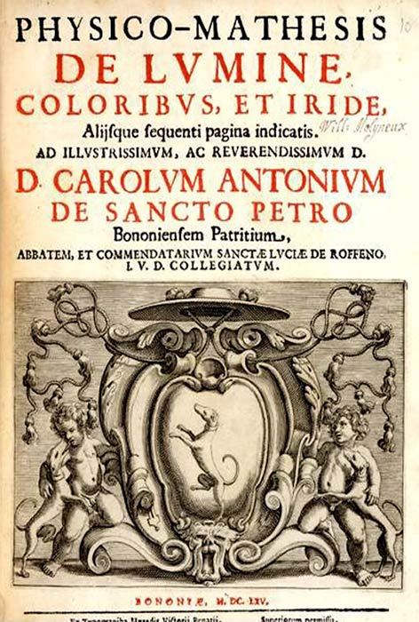Cover of Physico mathesis de lumine, coloribus et iride by Francesco Maria Grimaldi. (Image: Courtesy Dr Roberto Volterri)